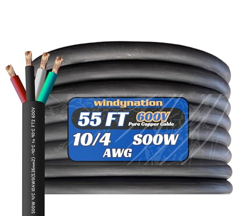 10/4 55 Feet 10 AWG SOOW SO Cable Cord Wire - 10 Gauge 4 Conductor 600V Portable Power Extension Cord Cable for, Motor Leads, Portable Lights, and Battery Chargers - style: 55