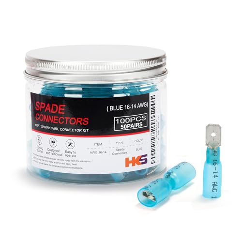 HKS 100PCS/50Pairs Heat Shrink Spade Connector - Blue 16-14AWG Male & Female Electrical Quick Disconnect Wire Connectors Kit Tinned - Automotive Marine Crimp - Waterproof and Insulated（M&F Blue） - color: Blue 16-14AWG, size: Male & Female