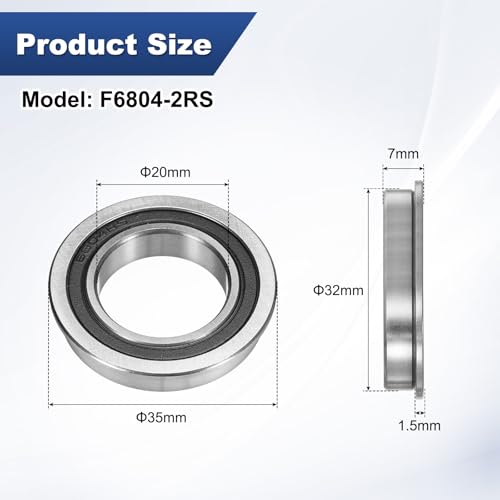 M METERXITY 4-Pack F6804-2RS Flanged Ball Bearing, 20mm x 32mm x 7mm Double Rubber Seal Chrome (GCr15) Steel Deep Groove Ball Bearings for Wheelbarrow/Printer/Fax Machines/Power Tools - size: 20mm x 32mm x 7mm