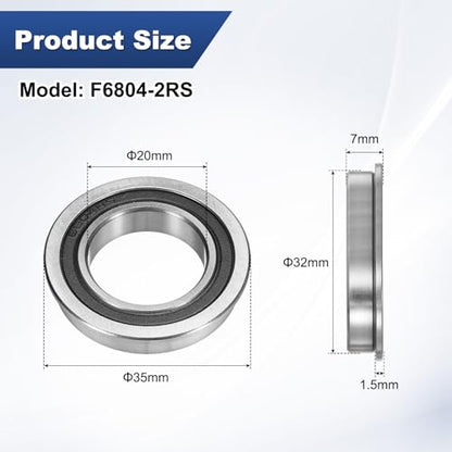M METERXITY 4-Pack F6804-2RS Flanged Ball Bearing, 20mm x 32mm x 7mm Double Rubber Seal Chrome (GCr15) Steel Deep Groove Ball Bearings for Wheelbarrow/Printer/Fax Machines/Power Tools - size: 20mm x 32mm x 7mm