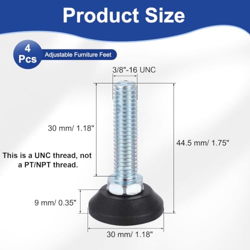 uxcell 3/8"-16 Thread Furniture Feet Levelers, 4Pcs 30mm l Adjustable Furniture Feet Screw in Threaded Leveling Leg Screw on Chair Foot Glides Leveling for Table Chair Cabinet Black - size: 3/8"-16 30mm