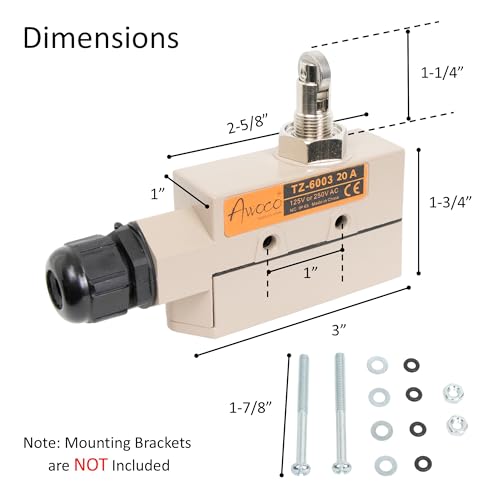 Awoco Heavy Duty Commercial Door Micro Switch with Cross Roller Plunger for Air Curtains, 250V 20A IP 65 Limit Switch Type NO and Type NC (TZ-6003-20A) - style: TZ-6003-20A