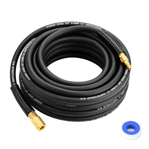 Air Compressor Hose 3/8 Inch x 25 FT, Hybrid Air Hose, Heavy Duty Lightweight Flexible Air Hose, Kink Resistant, All Weather Performance, 1/4" Industrial Quick Connect Coupler & Plug, 300 PSI, Black - size: 25FT