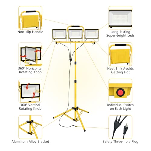 21000 Lumen Super Bright LED Work Light with Stand,Aluminum Heat Sink - color: 3 Head-21000LM