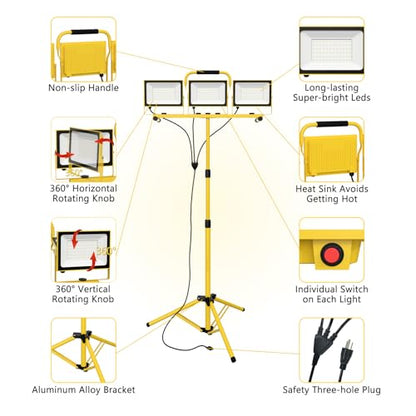 21000 Lumen Super Bright LED Work Light with Stand,Aluminum Heat Sink - color: 3 Head-21000LM
