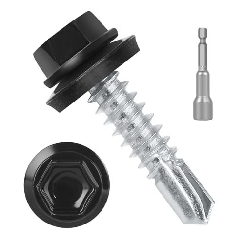 #10 x 3/4" (50 PCS) Black Metal Roofing Screws with Rubber Washer, Hex Head Self Tapping Screws for Metal, Self Drilling Sheet Metal Screw - size: #10 x 3/4"