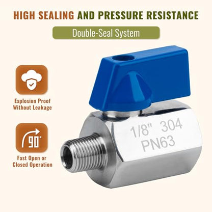 2 Pack 1/8" Mini Ball Valve, 304 Stainless Steel Valve NPT Female x Male Thread Shut-Off Valves for Small Compact Space (2, 1/8 Inch) - color: 1/8 Inch
