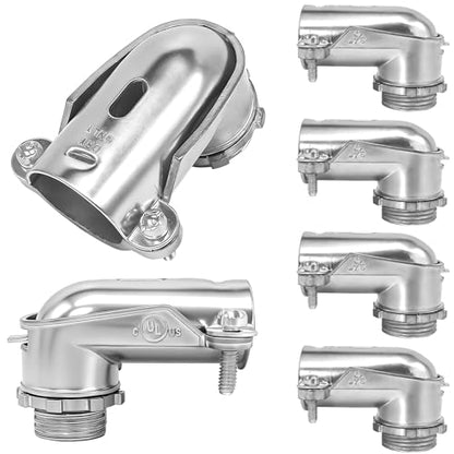 6 PCS 90° Squeeze Connectors AC/MC/Flex Metal Conduit Fitting 3/4 Inch, 90 Degree 3/4 Elbow Cable Connector, Zinc Die Cast, UL Certification - size: 3/4in