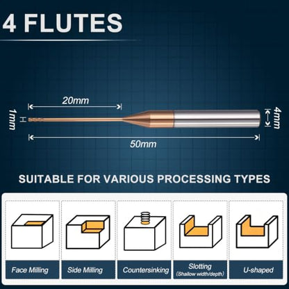 Carbide End Mill 1mm Dia 20mm Cut L 50mm L 4mm Shank 4 Flute - size: 1mm Dia - 20mm CL - 50mm L - 4mm Shank