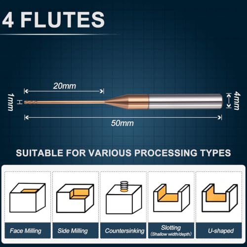 Carbide End Mill 1mm Dia 20mm Cut L 50mm L 4mm Shank 4 Flute - size: 1mm Dia - 20mm CL - 50mm L - 4mm Shank
