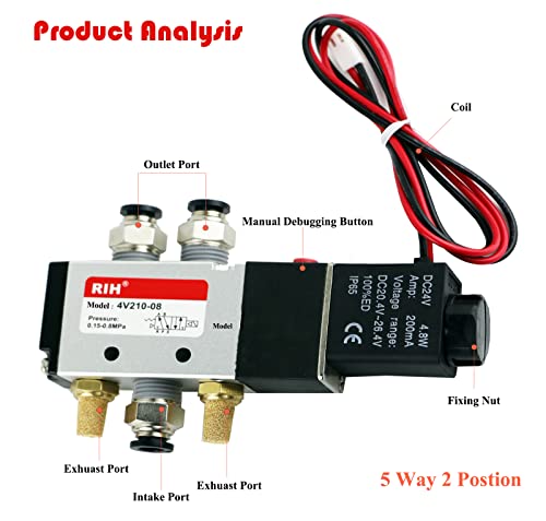RIH Pneumatics Solenoid Valve 4V210-08 12V/24V/110V Series Single Coil Pilot-Operated Electric 2 Position 5 Way Connection Type (DC24V/Out of line, 1/4"NPT) - size: DC24V/Out of line, style: 1/4"NPT