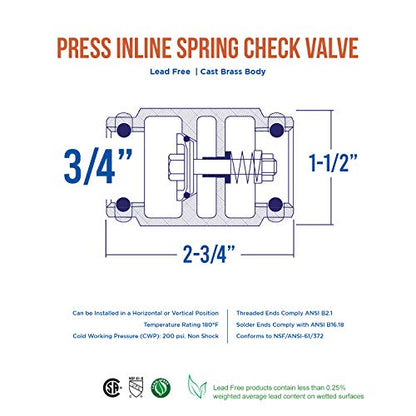 Midline Valve 372S256 Inline Spring Loaded Check Valve, Backflow Prevention Lead-Free, 3/4 in. Press Connections, Cast Brass - size: 3/4 in., style: Single Pack