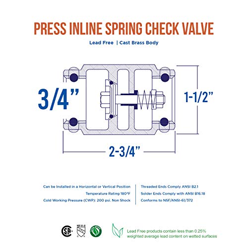 Midline Valve 372S256-5 Inline Spring Loaded Check Valve, Backflow Prevention, 3/4" Press Connections, Cast Brass (5 Pack), 5 Count - size: 3/4 in., style: 5 Pack
