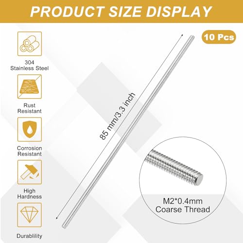 uxcell 10Pcs Fully Threaded Rod M2 x 0.4mm Pitch 85mm/3.3 Inch Threaded - size: M2x0.4mmx85mm