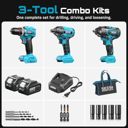 Seesii Impact Wrench Drill Driver,Power Tool Combo Kit For Car Home DIY - color: Light Blue 1000n.m + Two Batteries