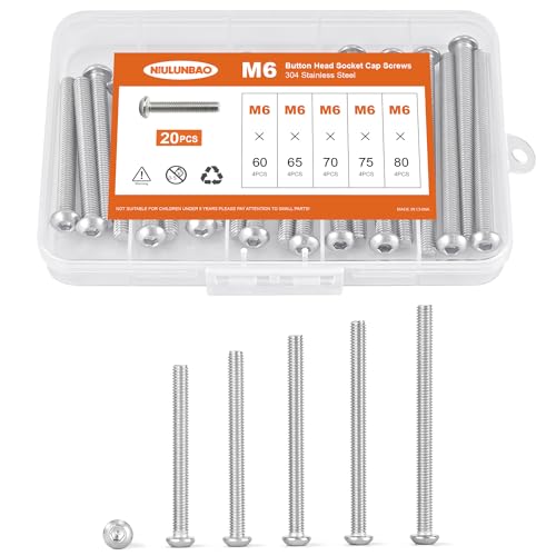 M6 x 60mm 65mm 70mm 75mm 80mm Button Head Socket Cap Screws Bolts 304 Stainless Steel Metric Allen Hex Drive, Machine Fully Threaded, Assortment Kit 20PCS - size: M6 x 60/65/70/75/80mm (20PCS)