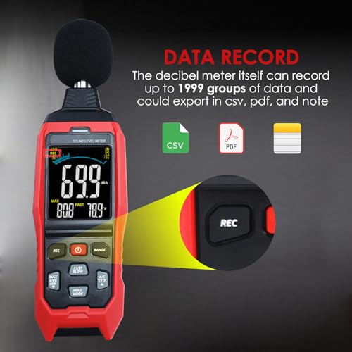 Sound Level Meter Data Logger Decibel Meter with Record Function, Portable Noise Meter 30~130dB Sound Meter A/C/Z Weighting Noise Testing with Audible Visual&Alarm, Temperatue, Analog Bar Indicator