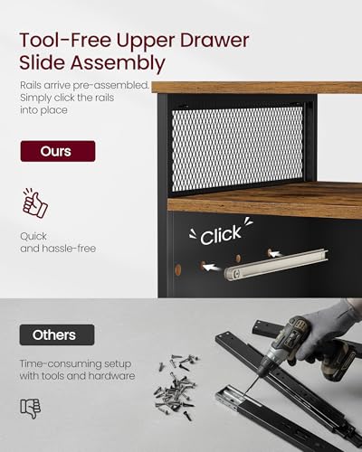 VASAGLE 2 Drawer File Cabinet with Lock, Rolling Printer Stand - color: Rustic Brown + Ink Black, size: with Lock and Fences