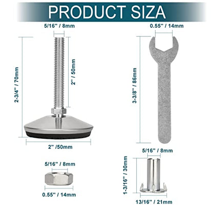 M8 Leveling Feet with 2" Thread Length - Silver, 4 Set - color: Silver, size: M8 x 50mm
