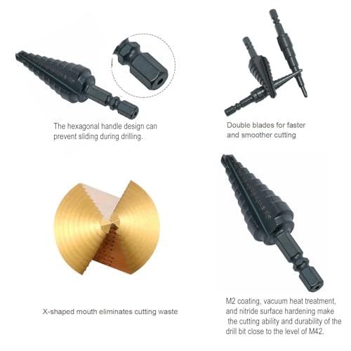 Step Drill Bit Set, M2 Step Drill Bit, 1/4" Hex Shank Faster Drilling Step Bit 1/4" to 3/4", Professional Unibit Drill Bit for Cutting Holes On Steel Sheets, Aluminum Sheets, Wood, Plastic etc.