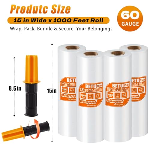 Clear Stretch Film Shrink Wrap for Moving Supplies (15inch, 4 Pack) x 1000ft, Industrial Strength Plastic Wrap Stretch Roll for Pallet Wrapping Shipping Moving Boxes Storage Furniture with Handles - color: Clear, size: 15'' | 4 Pack