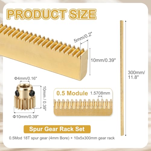 uxcell Brass Spur Gear and Gear Rack 0.5M 18T 10x5x300mm Rack Spur 4mm Bore - size: Gear Bore 4mm, (0.5M-18T)