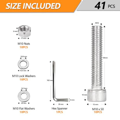 10 Sets Metric M10 Hex Socket Head Cap Screws Bolts Kit, M10-50mm Screws - size: M10 - 50mm