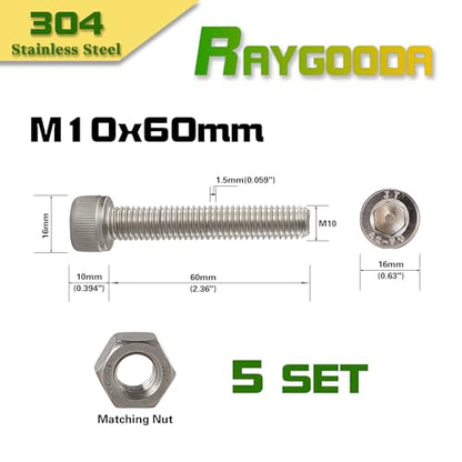 M10-1.5x60mm Socket Head Cap Screw and Nut Kit 5set, 304 Stainless Steel A2-70, Full Thread, Bright Finish - High Strength, Corrosion Resistant for Automotive, Machinery, DIY - size: M10x60mm(5 Sets）