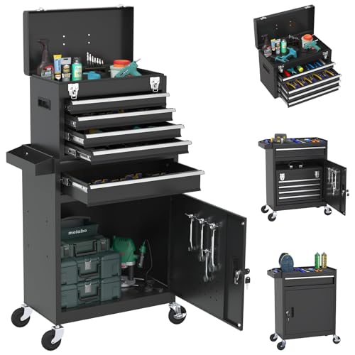 Rolling Tool Box with Wheels, 5-Drawer High Capacity Tool Chest with Wheels, Removable Storage Toolbox with Lock for Garage, Workshop - color: Black, size: 5-drawer