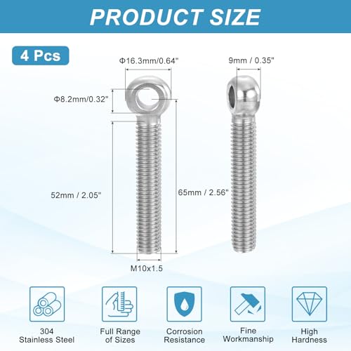 PATIKIL 4 Pcs M10x65mm Shoulder Swing Lifting Eye Bolt, 304 Stainless Steel Metric Half Tooth Thread Fisheye Eye Slip Hole Screw Rigging Bolt Metal Fasteners Screws, Silver Tone - size: M10x65mm
