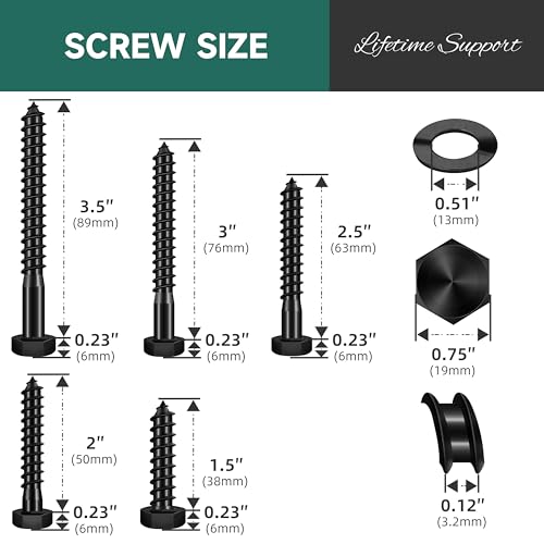 46Pcs 3/8 Hex Head Lag Bolts Screws Assortment Kit, Heavy Duty Lag Screws with Washers, 304 Stainless Steel, 3/8 Bolt for Wood, Fully Thread, Black Oxided with Hex Socket - size: 3/8" x Assorted