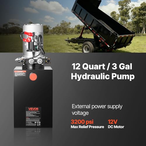 VEVOR12 Quart Hydraulic Power Unit, Double Acting Dump Trailer Pump, 3200 PSI Max Relief Pressure & 0.91 GPM Flow Rate, DC 12V Hydraulic Pump with Metal Reservoir for Dump Trailer Car Lifting - size: 12 Quart, style: Double Acting