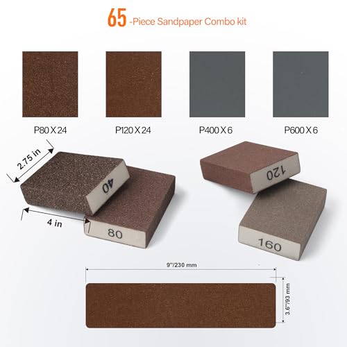 KENDO 65pcs Wet & Dry Sandpaper w/Sanding Block, 40 to 600 Grit - style: WDS-65PC