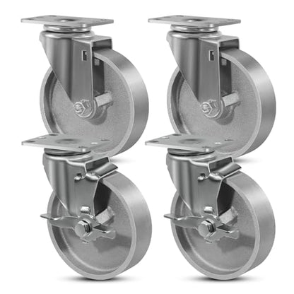 SY America 5" Heavy Duty Casters Set of 4,Cast Iron Semi-Steel Caster Wheels,Metal Industrial Casters,2000 LB Capacity-2 Brake & 2 Swivel - style: 5" Wheel