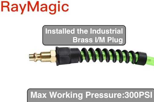 RayMagic Air Compressor Hose 1/4 Inch x 100 Feet Flexible Reinforced Polyurethane (PU) Air Hose 300PSI With Brass Fittings, Strain Reliefs, 1/4" 360 Swivel Coupler and Plug,1PCS Safety Coupler - color: Green