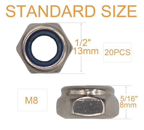 20Pcs M8 x 1.25mm Lock Nuts, 304 Stainless Steel Self-Lock Nylon Inserted 8mm Locking Nuts for Automative, Bike, Machine - size: Metric 8mm