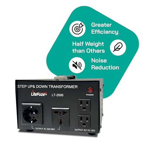 LiteFuze LT Series 2000 Watt Step Up/Down Voltage Converter Transformer - 110v to 220v / 220v to 110v Power Converter - Fully Grounded Cord - Universal Socket, CE Certified - 5 Year Warranty - style: 2000 Watt W/ Circuit Breaker