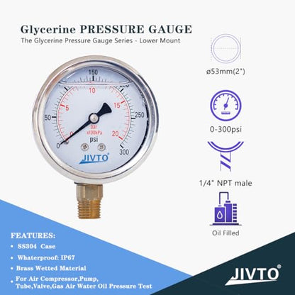 Pressure Gauge,Glycerin Liquid Filled,2" Dual Scale Dia,0-300 psi/bar/kpa,1/4" NPT Brass Connection,Lower Mount, Stainless Steel Case,for Air Compressor,Pump,Tube,Valve,Gas Air Water Oil Test - size: 0-300 psi