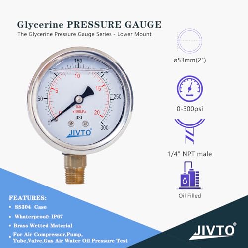 Pressure Gauge,Glycerin Liquid Filled,2" Dual Scale Dia,0-300 psi/bar/kpa,1/4" NPT Brass Connection,Lower Mount, Stainless Steel Case,for Air Compressor,Pump,Tube,Valve,Gas Air Water Oil Test - size: 0-300 psi