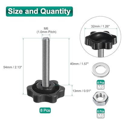 uxcell 8pcs Star Clamping Knobs with Nuts Washers, M6 x 40mm Metric 304 Stainless Steel Male Thread 32mm 6-Star Plastic Head, Threaded Stud Hand Knobs Handles Thumb Screws, Black - size: M6 x 40mm