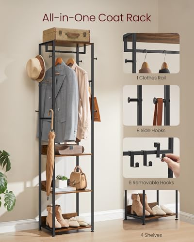 VASAGLE Freestanding Coat Rack, Hall Tree with Shelves, Steel Frame - color: Ink Black + Rustic Brown, style: Industrial