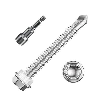 Wensilon (100Pcs) #10×2" Hex Washer Head Self Drilling Screws, 410 Stainless Steel Metal SheetScrews，TEK Screws, Sheet Metal Self Tapping Screws - color: Silver, size: #10x2"