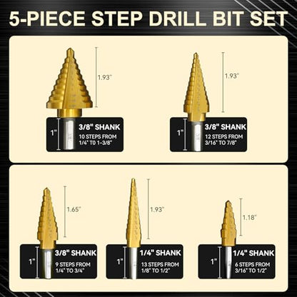 Step Drill Bit Set for Metal- 5PCS Ti Step Bit with Two Straight Flutes - color: 5Pcs Straight Set