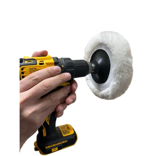 Lambswool Polishing Pads Sheepskin Buffing Pads with Elastic Band. 7PC Set Includes 5 Lambswool Cutting Pads with Hook and Loop Backing, 1 Backing Plate and 1 Drill Attachment - Wool Buffs (4 Inch) - size: 4 Inch