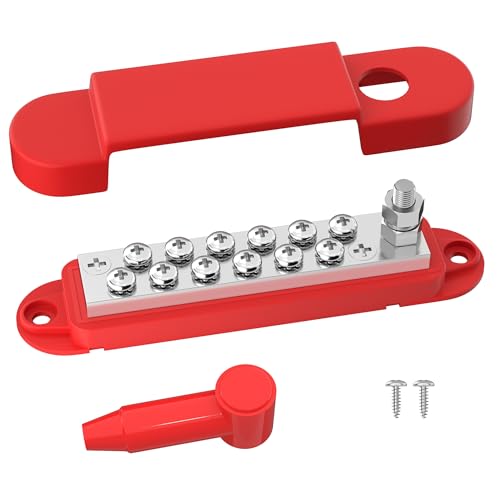 Bus Bar 12V 150A Power Distribution Block 1/4" Stud & 12 x #8 Terminal Screws 12 Volt Positive Battery Marine Bus Bar for Solar Battery Wiring, Marine, Boat and Automotive - style: Red