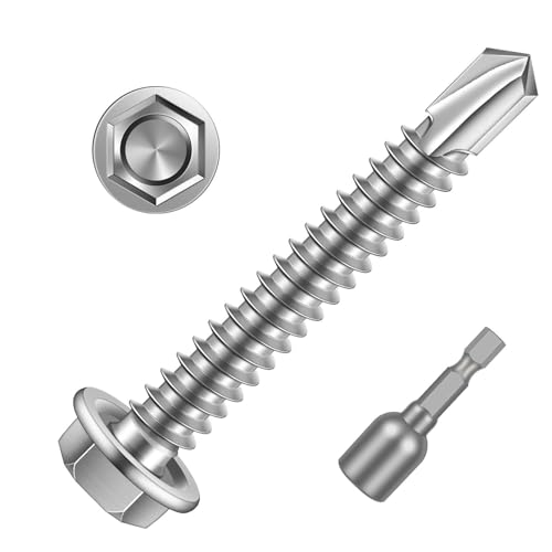 #10 x 2 Hex Washer Head Self Drilling Sheet Metal Screws with Drill Point, 410 Stainless Steel Self Tapping Screws for Metal, 50 PCS - color: Silver, size: #10 x 2"