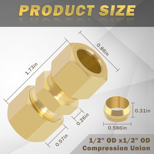 1/2 Inch Compression Fitting,10 Pcs Brass Compression Tube Pipe Fittings, 1/2" OD X 1/2" OD Compression Union Connectors & 10 Pcs Sleeves Ferrules (Pack of 20) - size: 10Pcs-1/2" Union