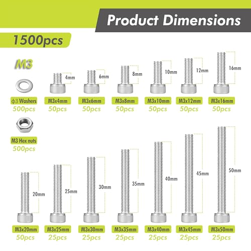 1500PCS M3 Hex Socket Screw Kit, 304 Stainless Steel Fastener Set