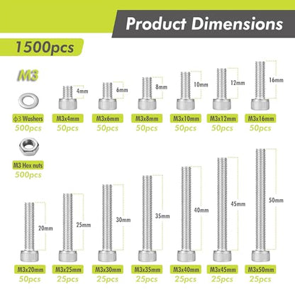 1500PCS M3 Hex Socket Screw Kit, 304 Stainless Steel Fastener Set