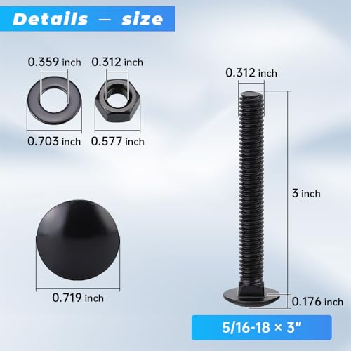 16 Sets 5/16-18 x 3" Black Carriage Bolts Screws and Hex Nuts & Flat Washers, 304 Stainless Steel 18-8, Round Head Square Neck, Full Thread Coverage - size: 5/16-18 x 3"